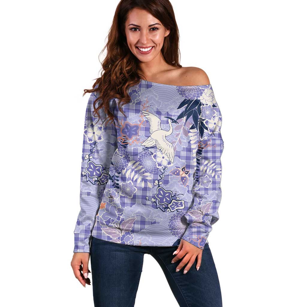 Purple Palaka Crane and Flowers Off Shoulder Sweater Japan Heritage Spirit LT9 Women Purple - Polynesian Pride