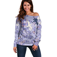 Purple Palaka Crane and Flowers Off Shoulder Sweater Japan Heritage Spirit LT9 Women Purple - Polynesian Pride