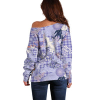 Purple Palaka Crane and Flowers Off Shoulder Sweater Japan Heritage Spirit LT9 - Polynesian Pride