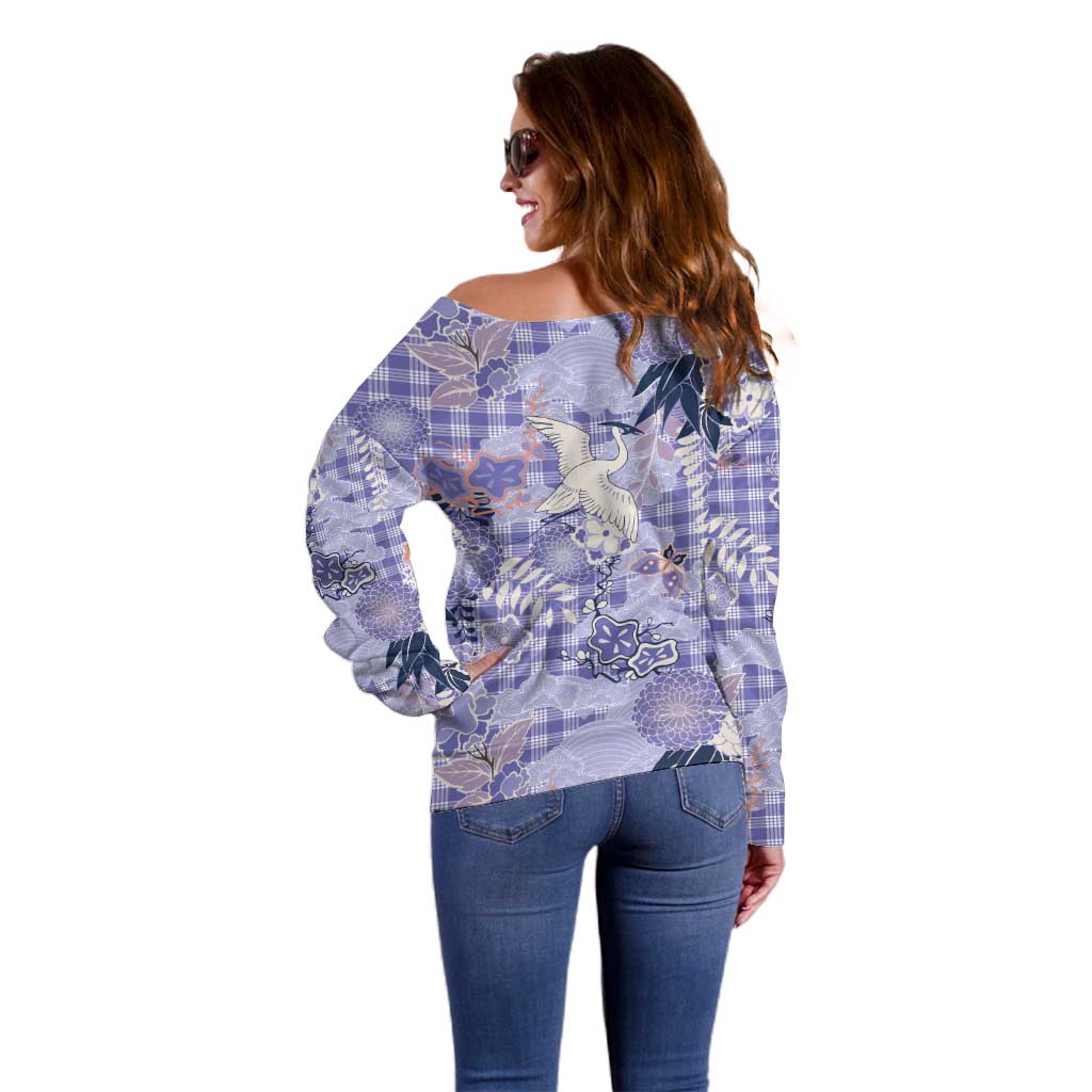 Purple Palaka Crane and Flowers Off Shoulder Sweater Japan Heritage Spirit LT9 - Polynesian Pride
