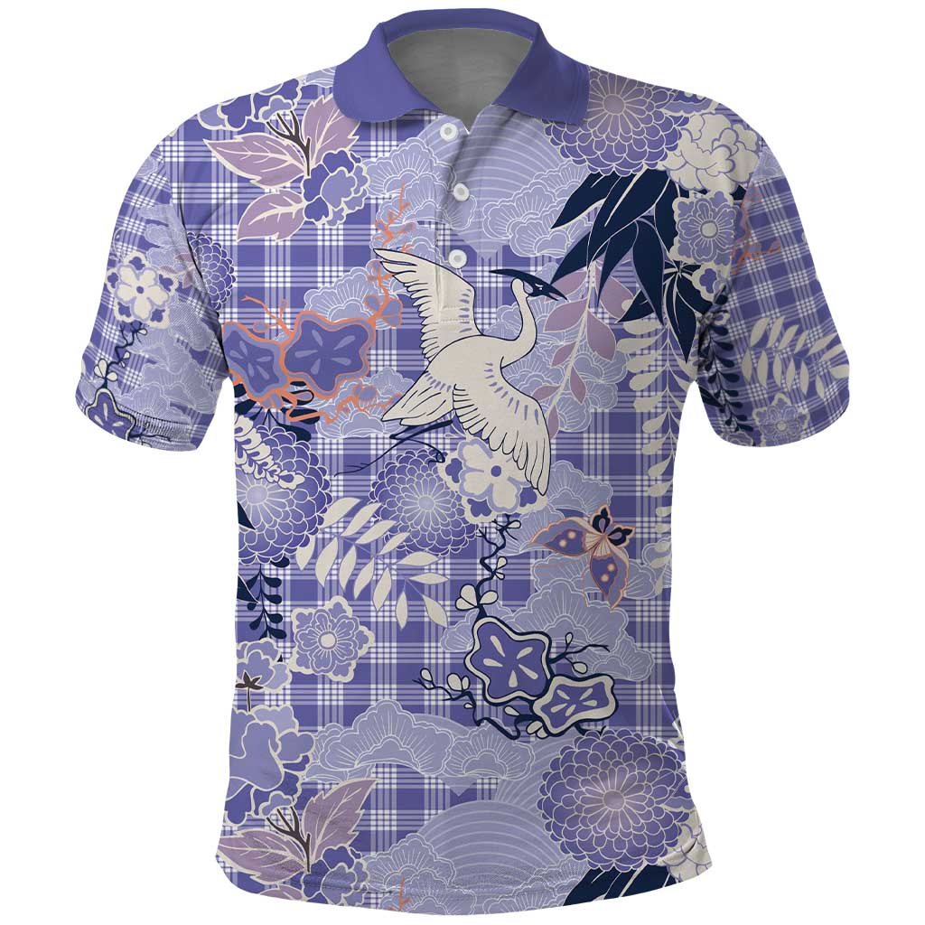 Purple Palaka Crane and Flowers Polo Shirt Japan Heritage Spirit - Polynesian Pride