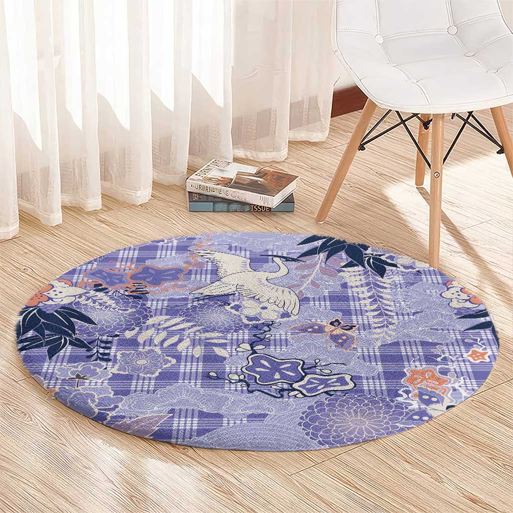 Purple Palaka Crane and Flowers Round Carpet Japan Heritage Spirit LT9 - Polynesian Pride