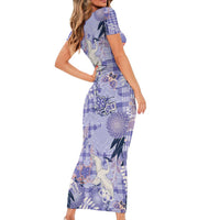 Purple Palaka Crane and Flowers Short Sleeve Bodycon Dress Japan Heritage Spirit - Polynesian Pride