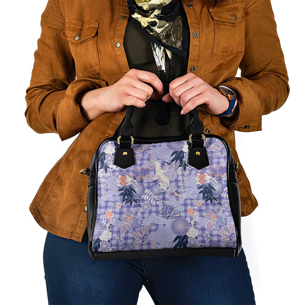 Purple Palaka Crane and Flowers Shoulder Handbag Japan Heritage Spirit - Polynesian Pride