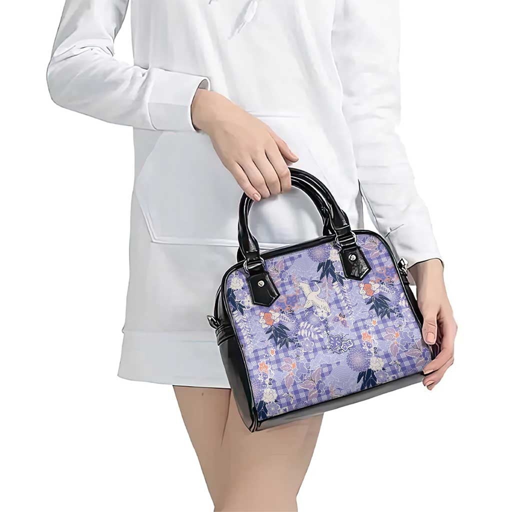Purple Palaka Crane and Flowers Shoulder Handbag Japan Heritage Spirit - Polynesian Pride