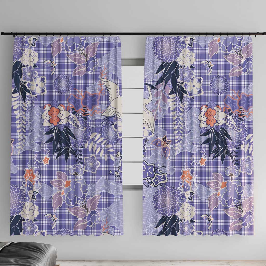 Purple Palaka Crane and Flowers Window Curtain Japan Heritage Spirit LT9 With Hooks Purple - Polynesian Pride