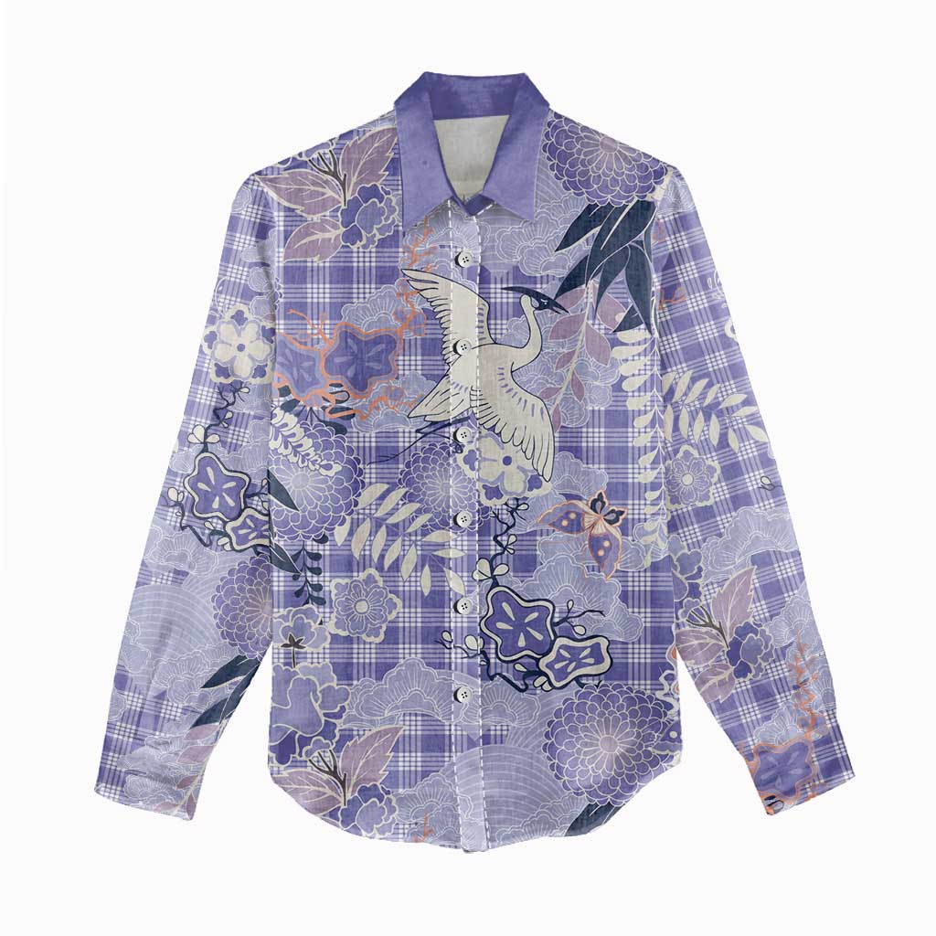 Purple Palaka Crane and Flowers Women Casual Shirt Japan Heritage Spirit LT9 - Polynesian Pride