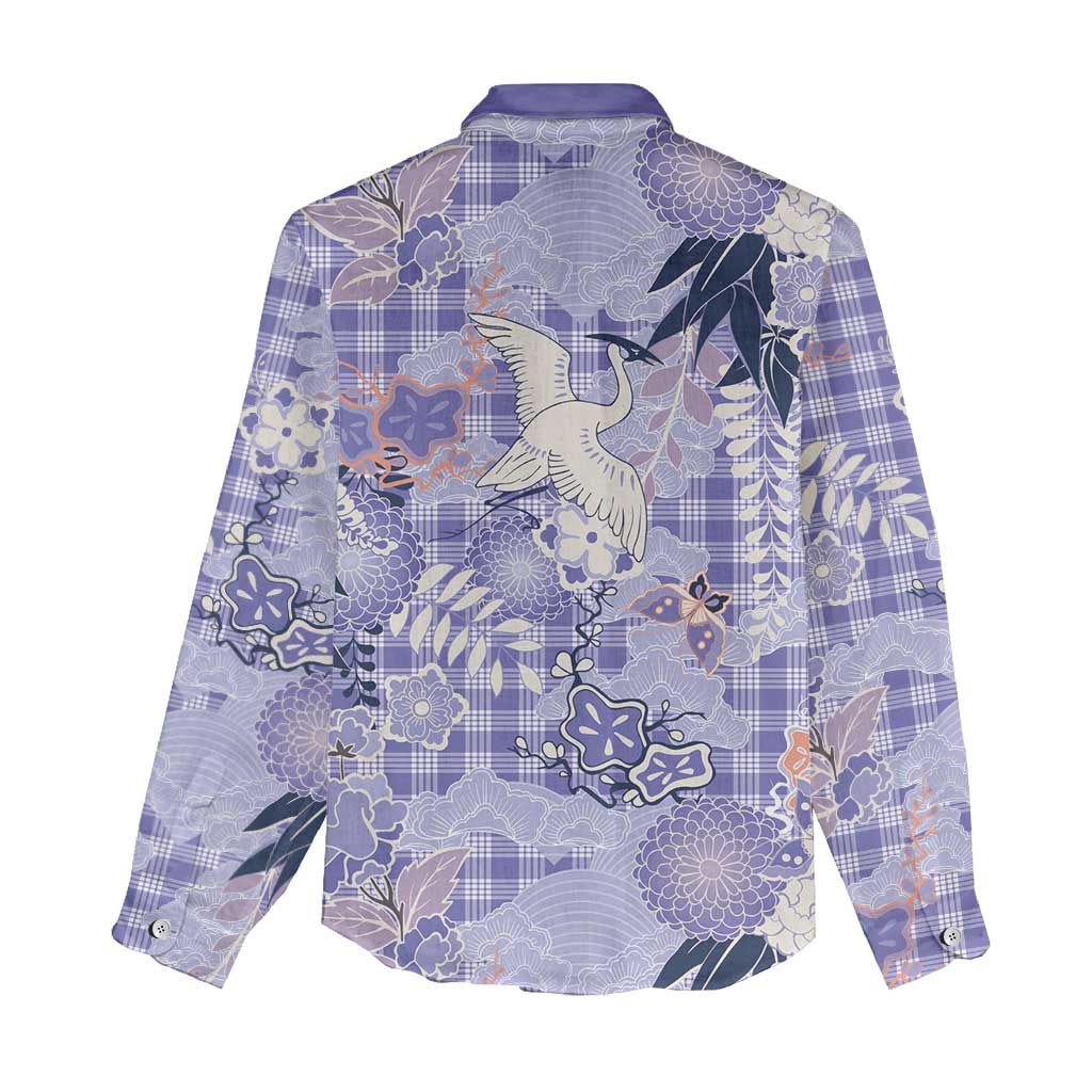 Purple Palaka Crane and Flowers Women Casual Shirt Japan Heritage Spirit LT9 - Polynesian Pride