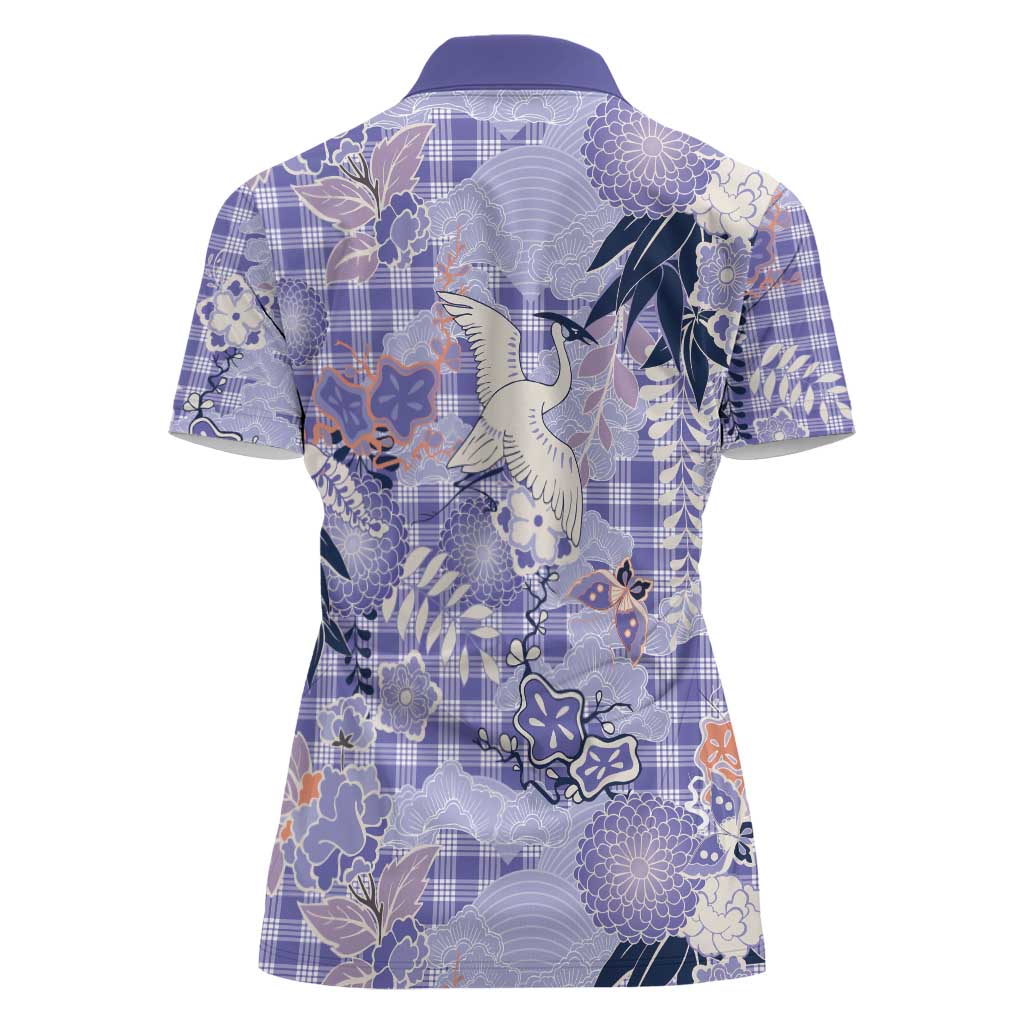Purple Palaka Crane and Flowers Women Polo Shirt Japan Heritage Spirit LT9 - Polynesian Pride
