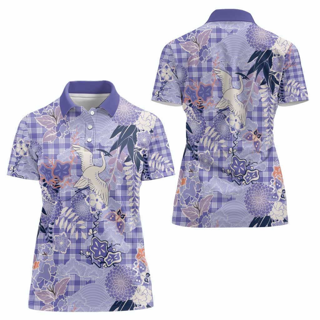 Purple Palaka Crane and Flowers Women Polo Shirt Japan Heritage Spirit LT9 - Polynesian Pride