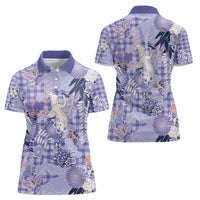 Purple Palaka Crane and Flowers Women Polo Shirt Japan Heritage Spirit LT9 - Polynesian Pride