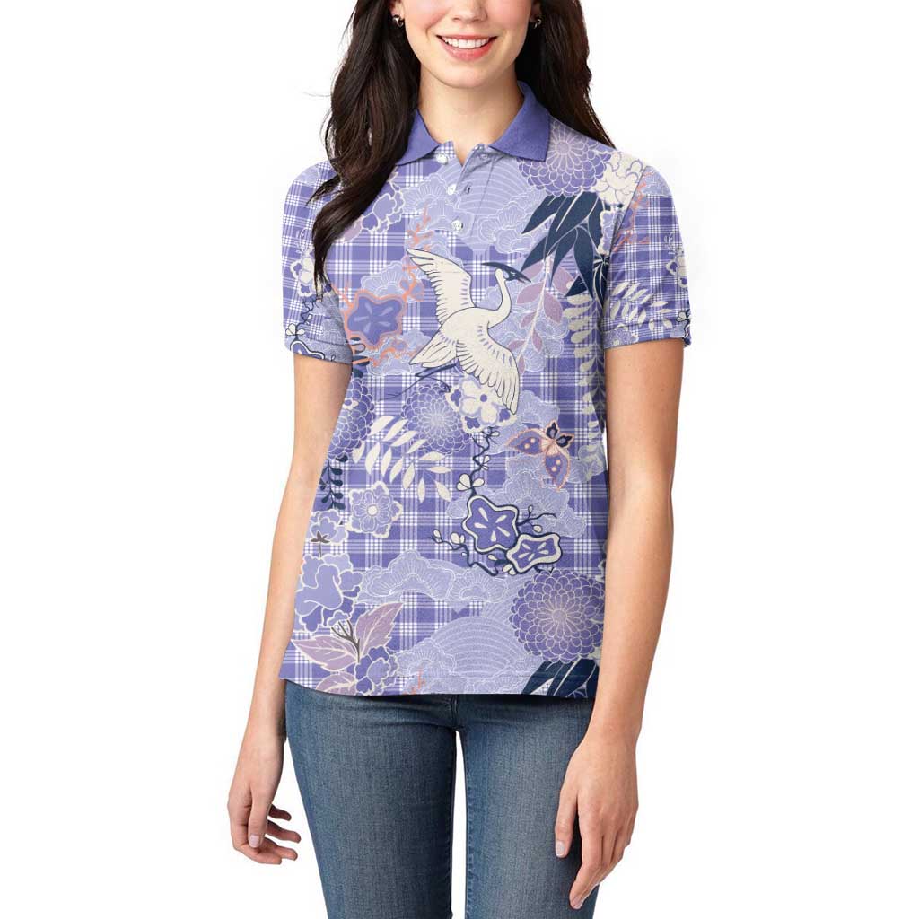 Purple Palaka Crane and Flowers Women Polo Shirt Japan Heritage Spirit LT9 - Polynesian Pride