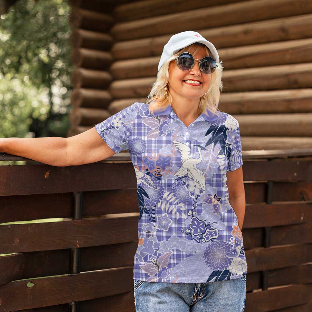 Purple Palaka Crane and Flowers Women Polo Shirt Japan Heritage Spirit LT9 - Polynesian Pride