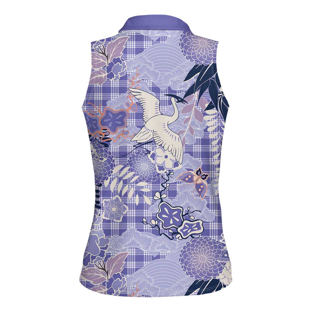 Purple Palaka Crane and Flowers Women Sleeveless Polo Shirt Japan Heritage Spirit LT9 - Polynesian Pride