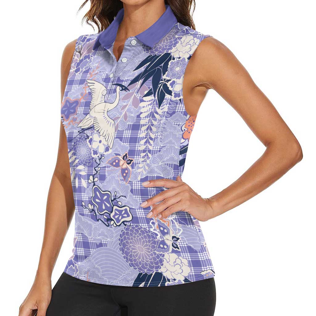 Purple Palaka Crane and Flowers Women Sleeveless Polo Shirt Japan Heritage Spirit LT9 - Polynesian Pride