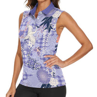 Purple Palaka Crane and Flowers Women Sleeveless Polo Shirt Japan Heritage Spirit LT9 - Polynesian Pride
