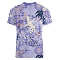 Purple Palaka Crane and Flowers Women V-Neck T-Shirt Japan Heritage Spirit LT9 - Polynesian Pride