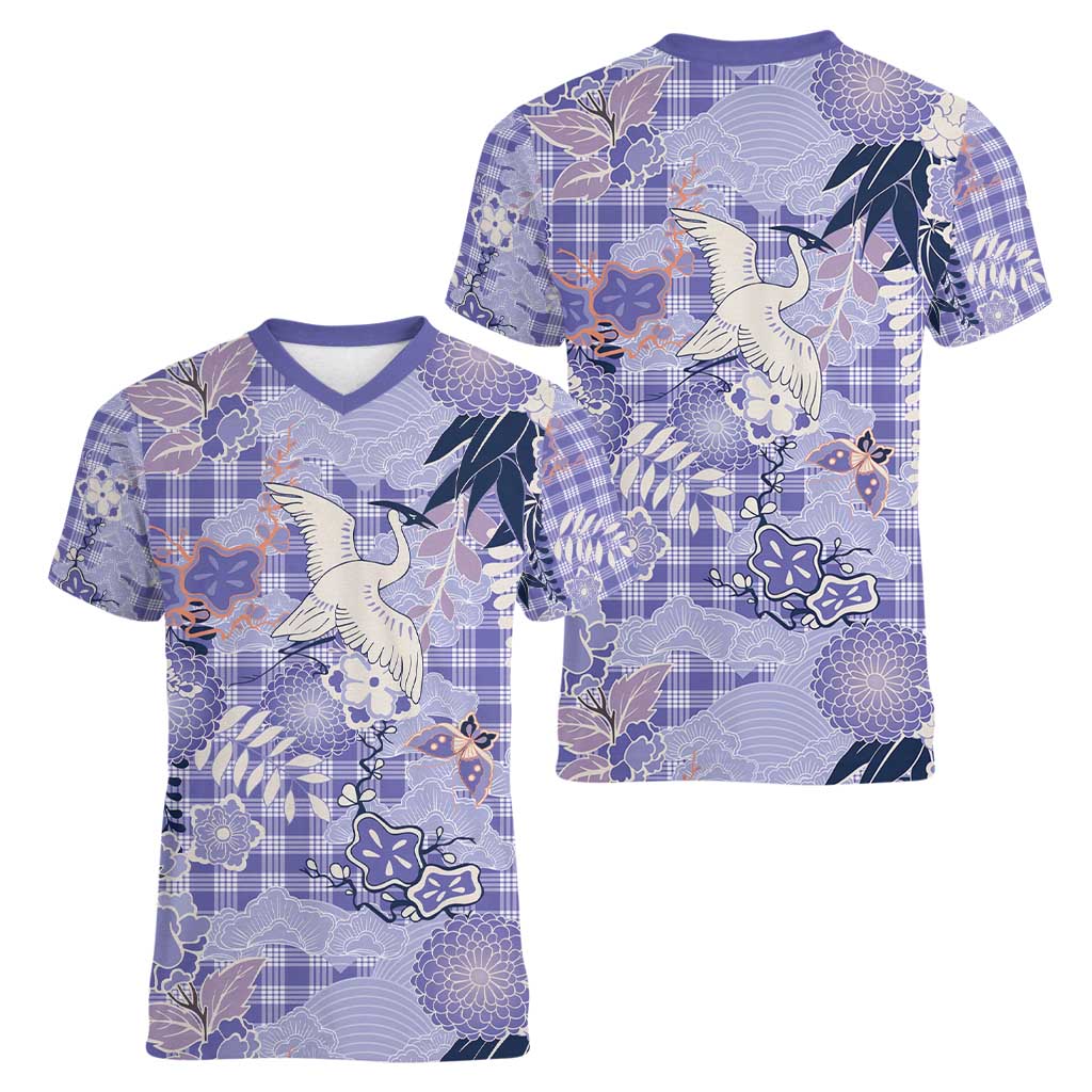 Purple Palaka Crane and Flowers Women V-Neck T-Shirt Japan Heritage Spirit LT9 - Polynesian Pride
