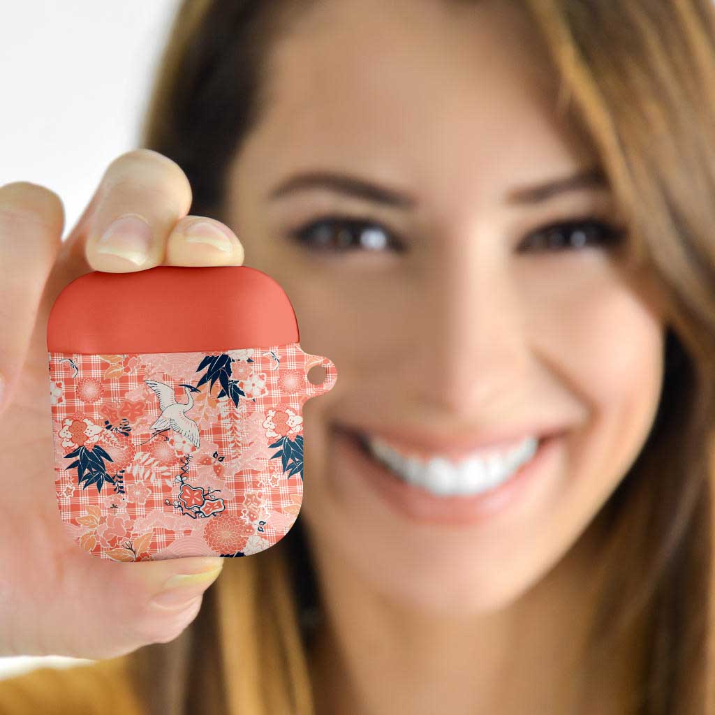 Red Palaka Crane and Flowers AirPods Case Japan Heritage Spirit - Polynesian Pride