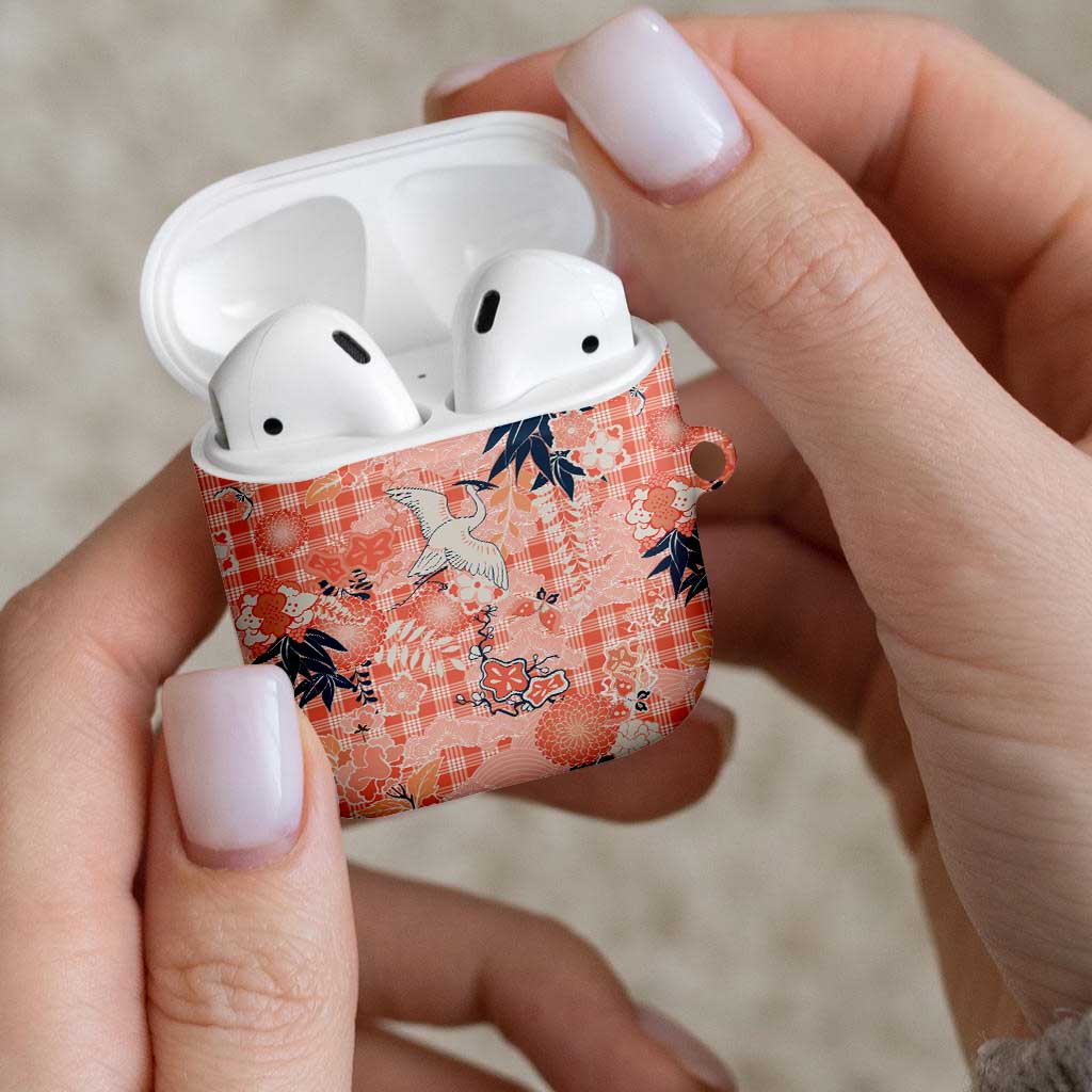 Red Palaka Crane and Flowers AirPods Case Japan Heritage Spirit - Polynesian Pride