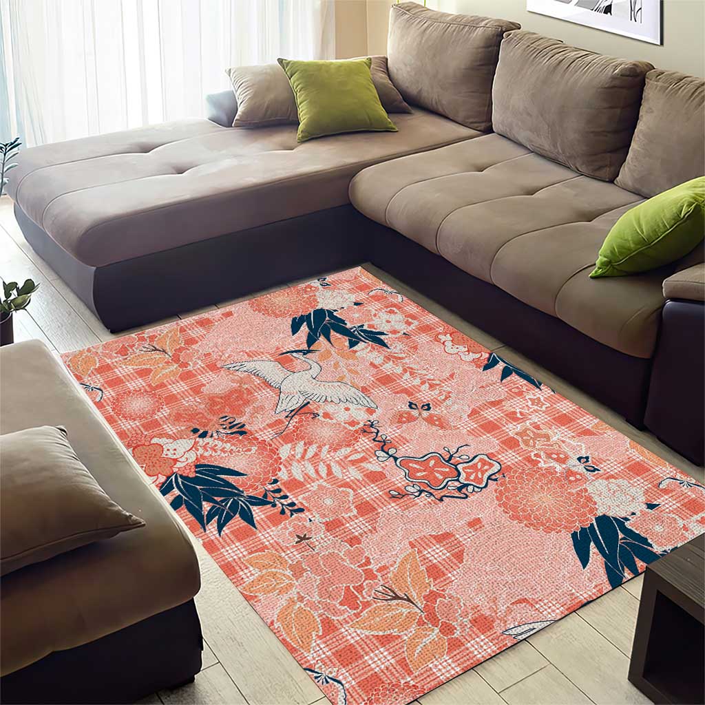 Red Palaka Crane and Flowers Area Rug Japan Heritage Spirit - Polynesian Pride