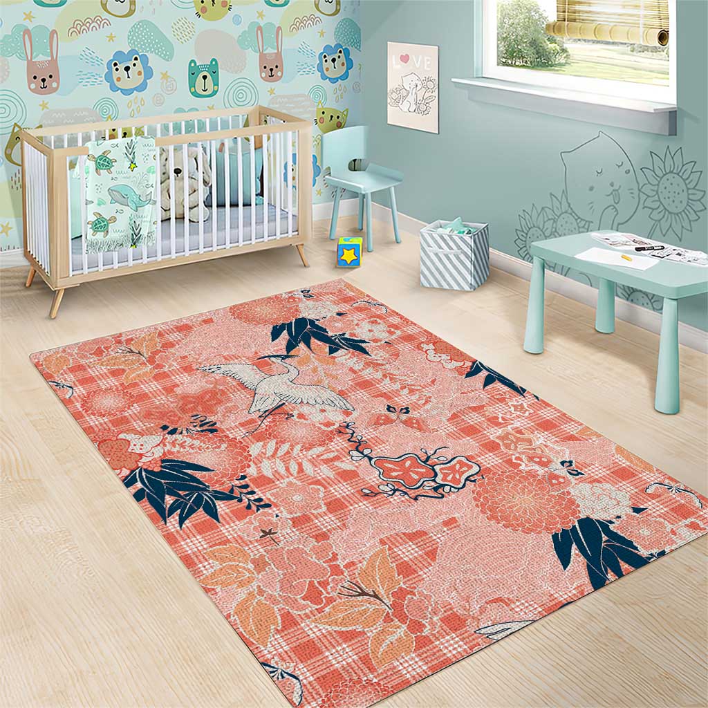 Red Palaka Crane and Flowers Area Rug Japan Heritage Spirit - Polynesian Pride