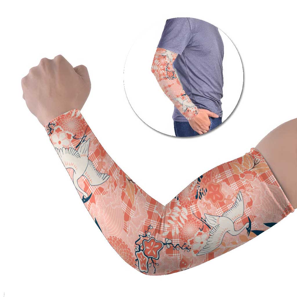Red Palaka Crane and Flowers Arm Sleeves Japan Heritage Spirit - Polynesian Pride