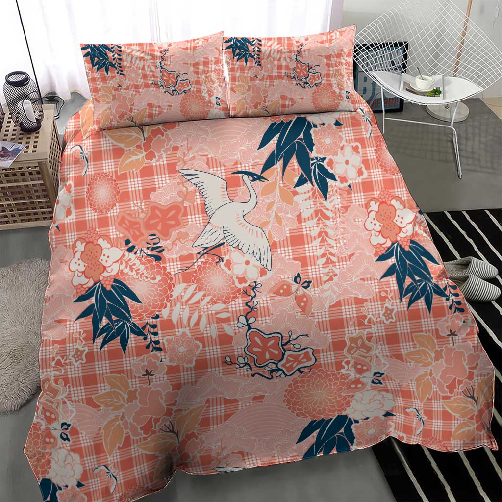 Red Palaka Crane and Flowers Bedding Set Japan Heritage Spirit - Polynesian Pride