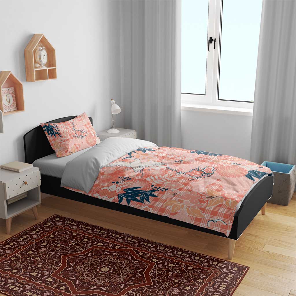 Red Palaka Crane and Flowers Bedding Set Japan Heritage Spirit - Polynesian Pride