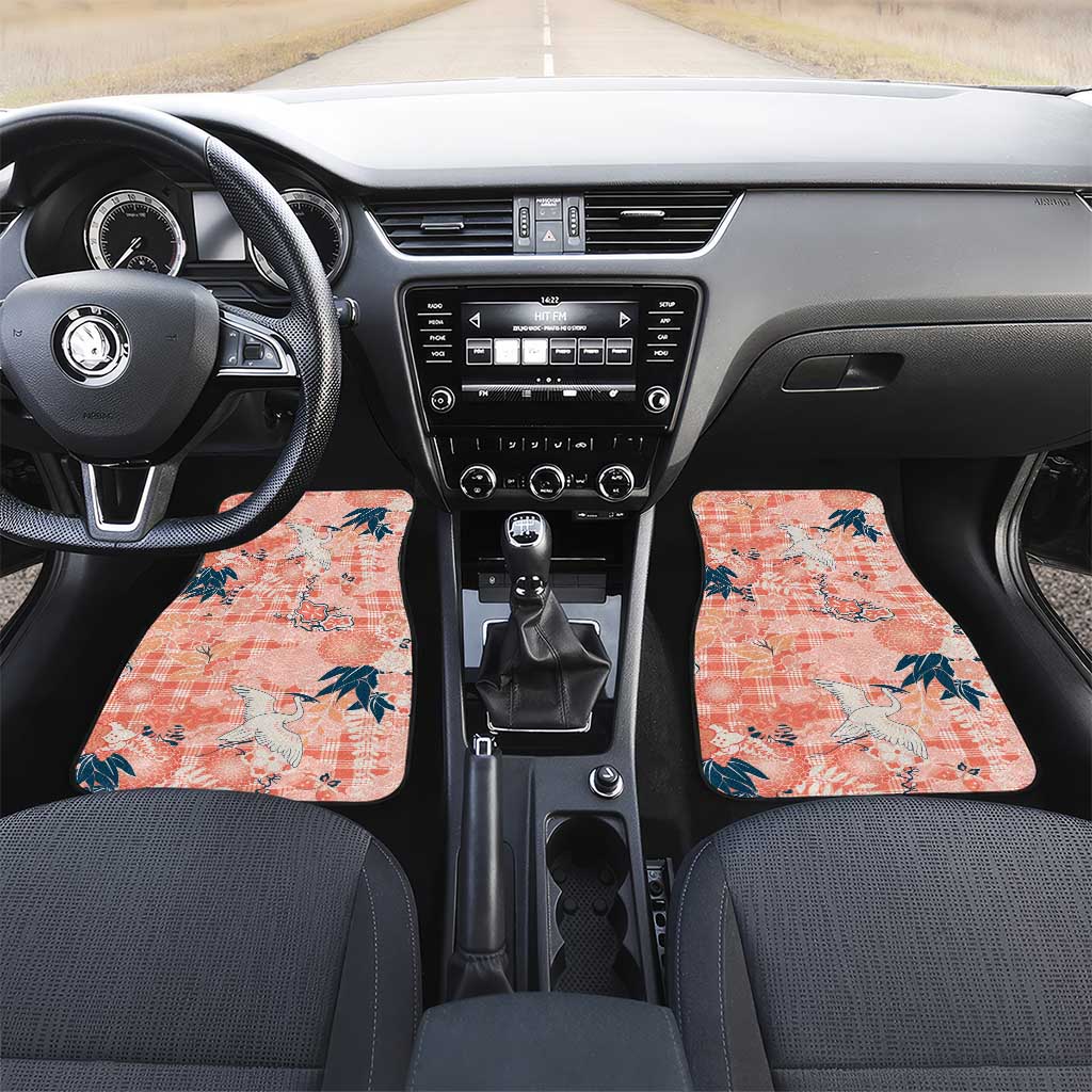 Red Palaka Crane and Flowers Car Mats Japan Heritage Spirit - Polynesian Pride