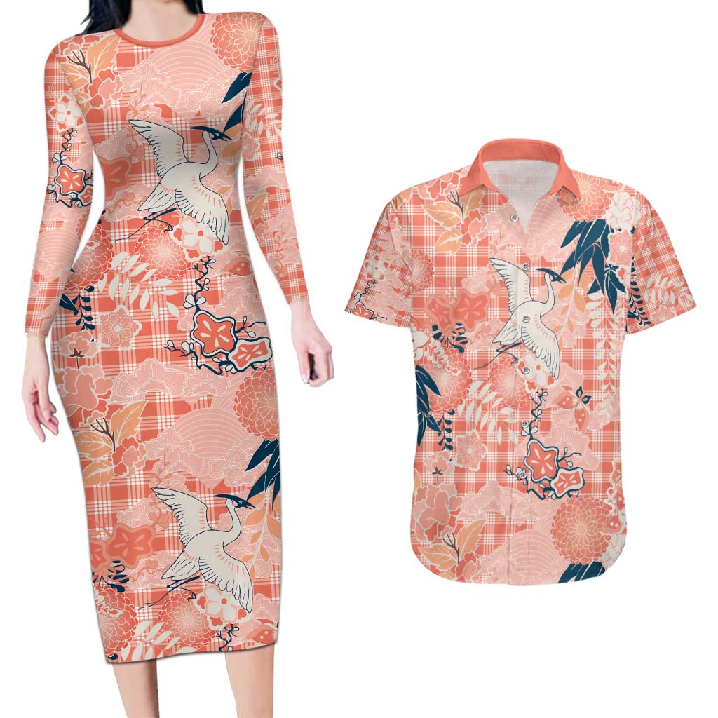 Red Palaka Crane and Flowers Couples Matching Long Sleeve Bodycon Dress and Hawaiian Shirt Japan Heritage Spirit LT9 Red - Polynesian Pride