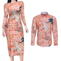 Red Palaka Crane and Flowers Couples Matching Long Sleeve Bodycon Dress and Long Sleeve Button Shirt Japan Heritage Spirit LT9 Red - Polynesian Pride