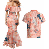 Red Palaka Crane and Flowers Couples Matching Mermaid Dress and Hawaiian Shirt Japan Heritage Spirit LT9 - Polynesian Pride