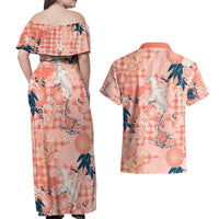 Red Palaka Crane and Flowers Couples Matching Off Shoulder Maxi Dress and Hawaiian Shirt Japan Heritage Spirit LT9 - Polynesian Pride