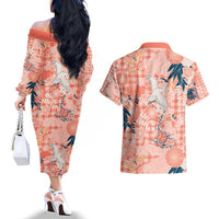 Red Palaka Crane and Flowers Couples Matching Off The Shoulder Long Sleeve Dress and Hawaiian Shirt Japan Heritage Spirit LT9 - Polynesian Pride