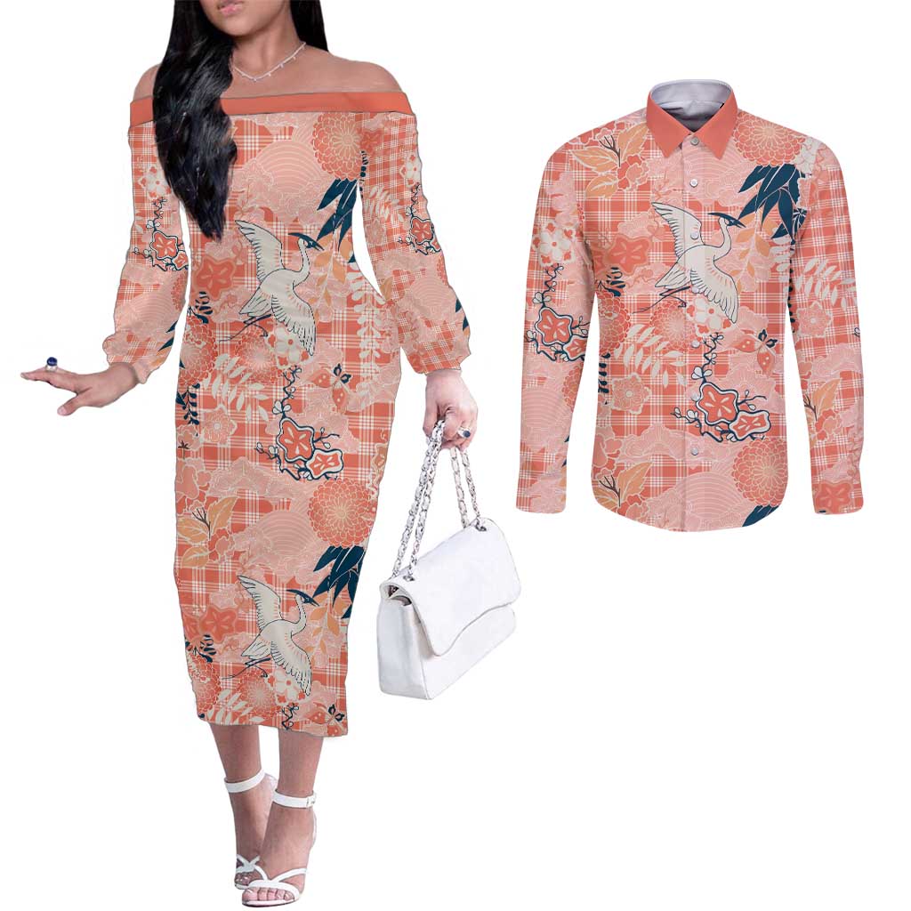 Red Palaka Crane and Flowers Couples Matching Off The Shoulder Long Sleeve Dress and Long Sleeve Button Shirt Japan Heritage Spirit LT9 Red - Polynesian Pride
