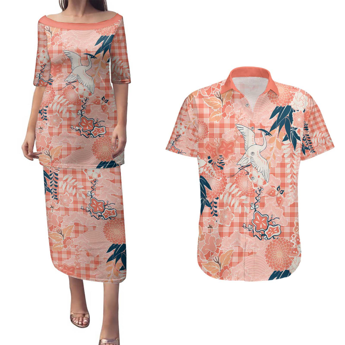 Red Palaka Crane and Flowers Couples Matching Puletasi and Hawaiian Shirt Japan Heritage Spirit - Polynesian Pride