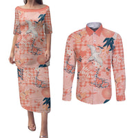 Red Palaka Crane and Flowers Couples Matching Puletasi and Long Sleeve Button Shirt Japan Heritage Spirit - Polynesian Pride