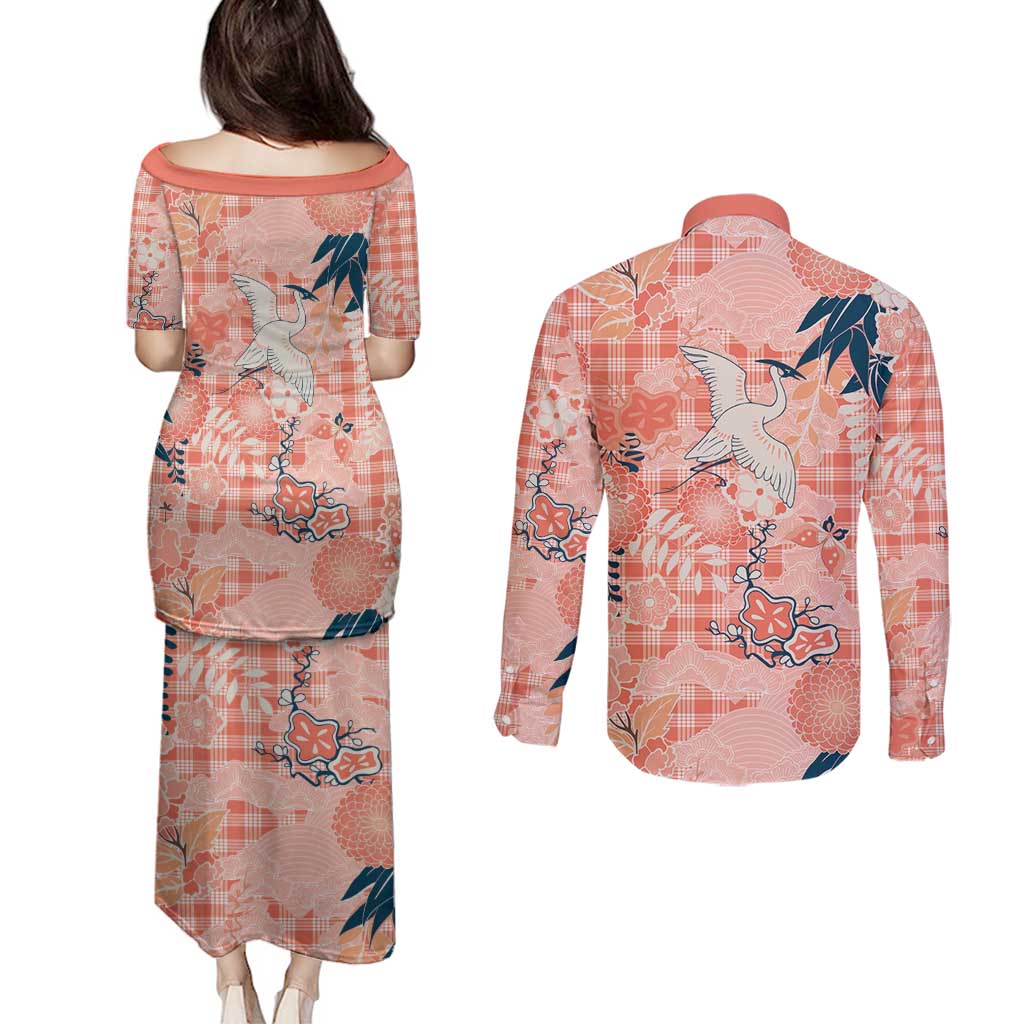Red Palaka Crane and Flowers Couples Matching Puletasi and Long Sleeve Button Shirt Japan Heritage Spirit - Polynesian Pride