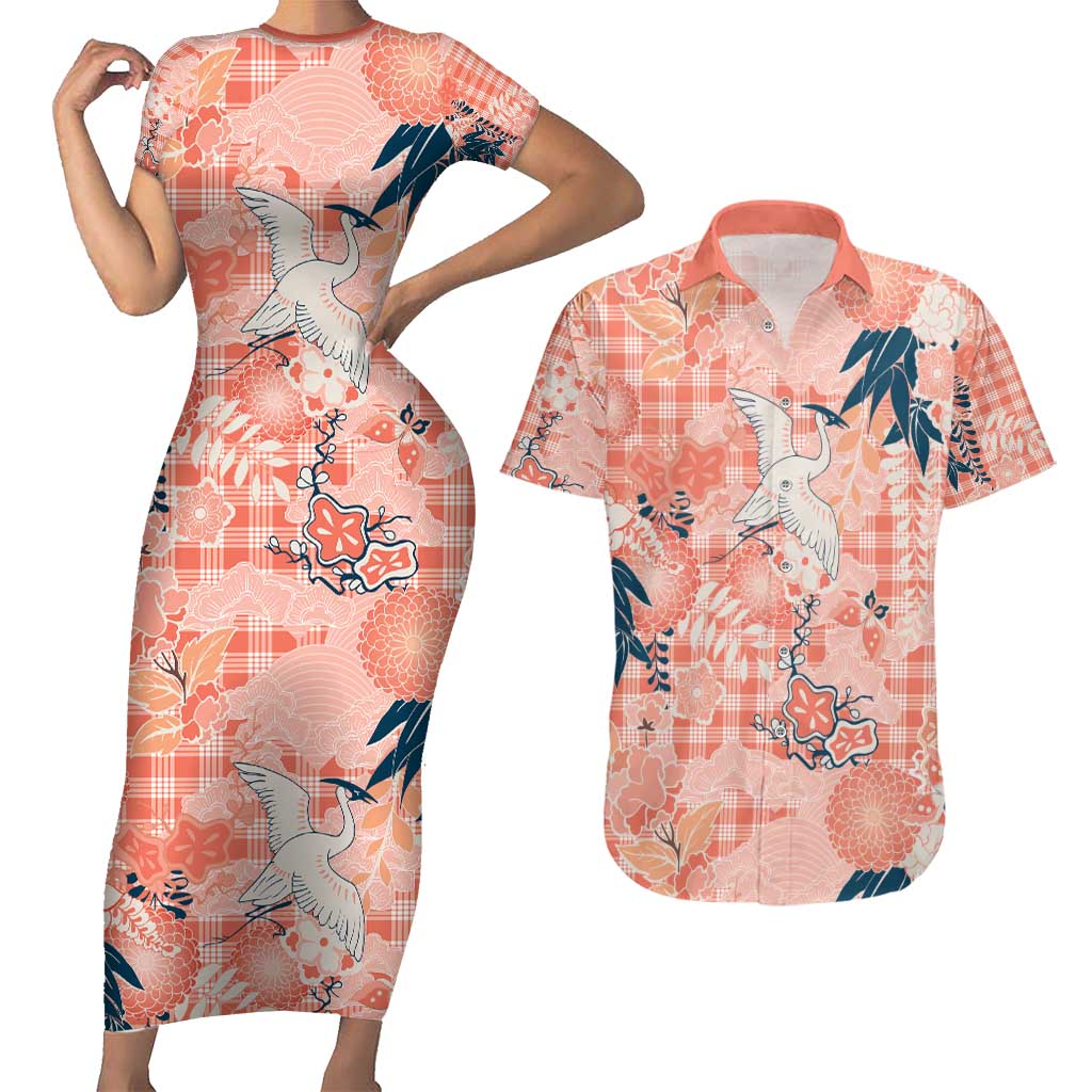 Red Palaka Crane and Flowers Couples Matching Short Sleeve Bodycon Dress and Hawaiian Shirt Japan Heritage Spirit LT9 Red - Polynesian Pride