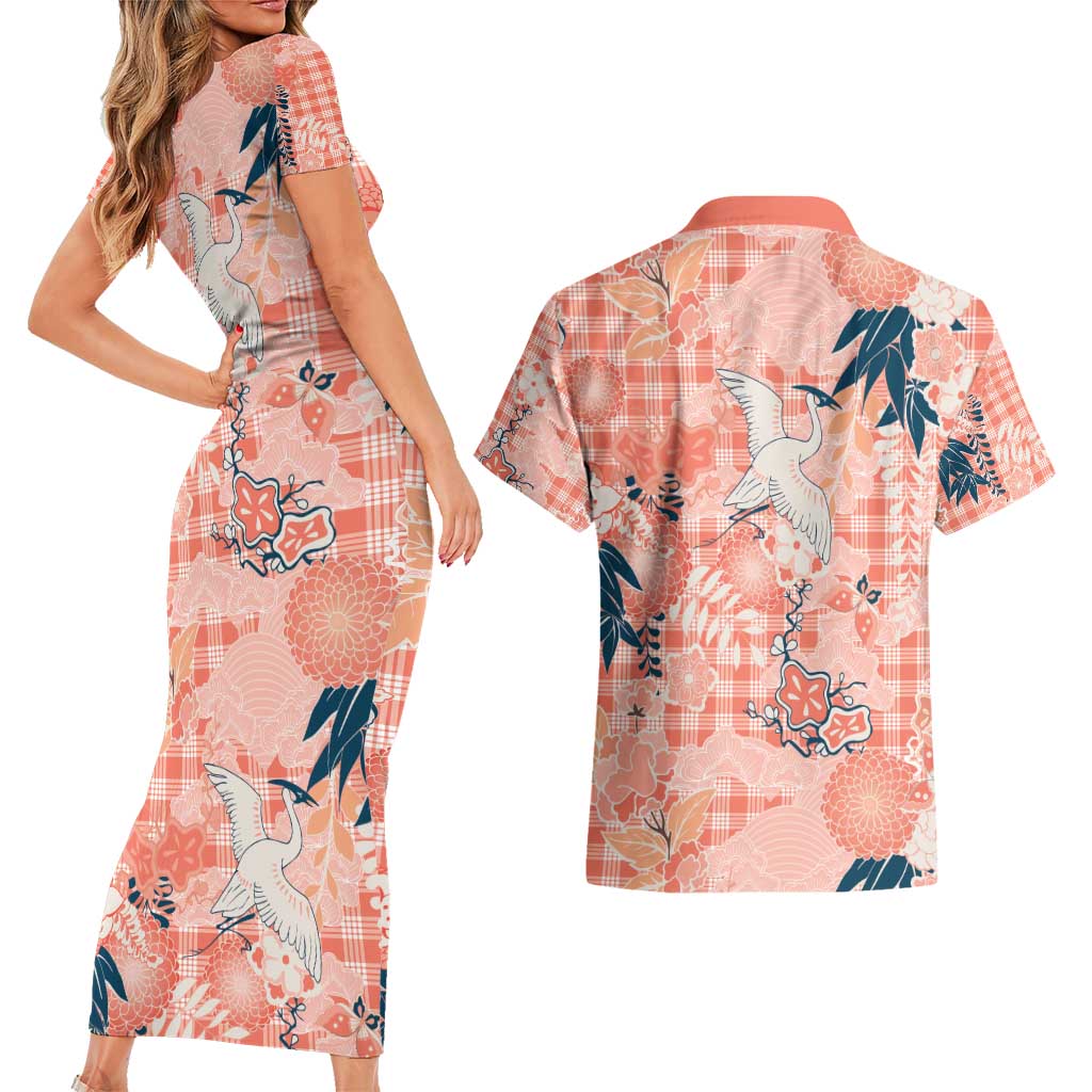 Red Palaka Crane and Flowers Couples Matching Short Sleeve Bodycon Dress and Hawaiian Shirt Japan Heritage Spirit LT9 - Polynesian Pride