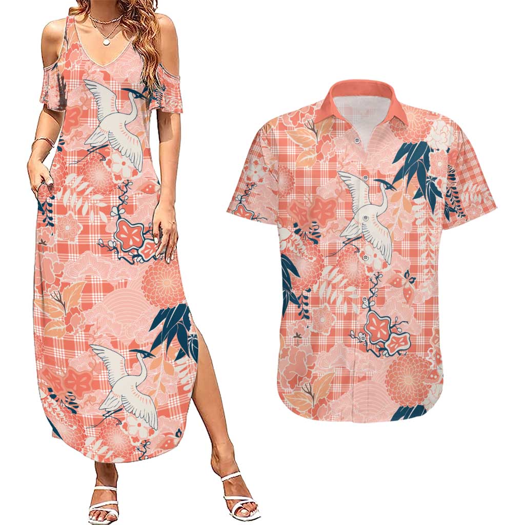 Red Palaka Crane and Flowers Couples Matching Summer Maxi Dress and Hawaiian Shirt Japan Heritage Spirit LT9 Red - Polynesian Pride