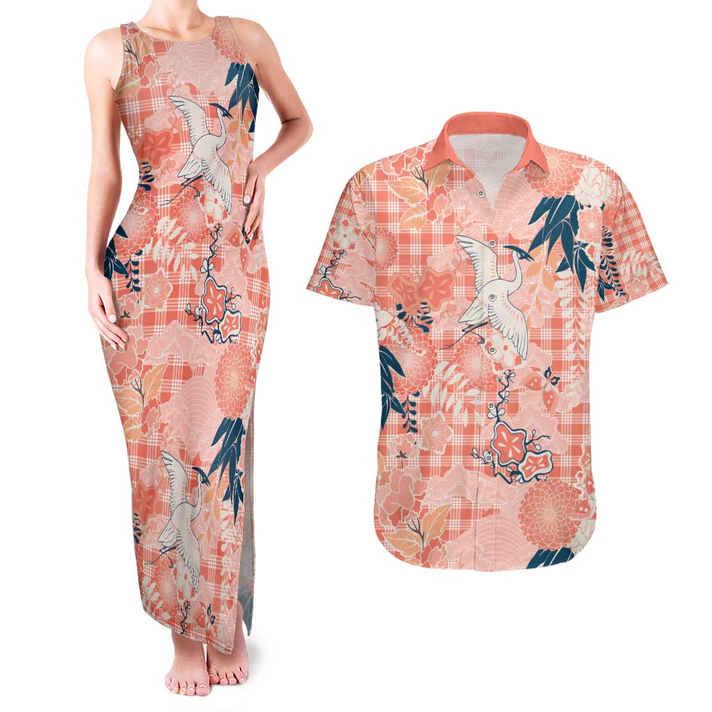 Red Palaka Crane and Flowers Couples Matching Tank Maxi Dress and Hawaiian Shirt Japan Heritage Spirit LT9 Red - Polynesian Pride