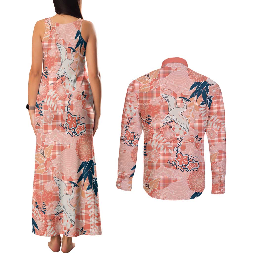 Red Palaka Crane and Flowers Couples Matching Tank Maxi Dress and Long Sleeve Button Shirt Japan Heritage Spirit - Polynesian Pride