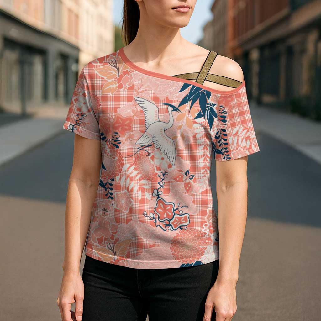 Red Palaka Crane and Flowers Cross Shoulder Shirt Japan Heritage Spirit - Polynesian Pride