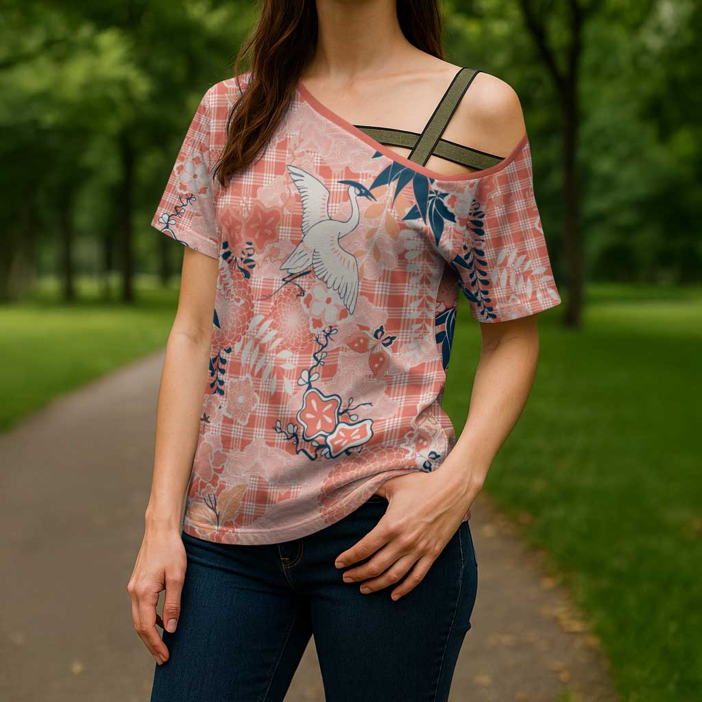 Red Palaka Crane and Flowers Cross Shoulder Shirt Japan Heritage Spirit - Polynesian Pride