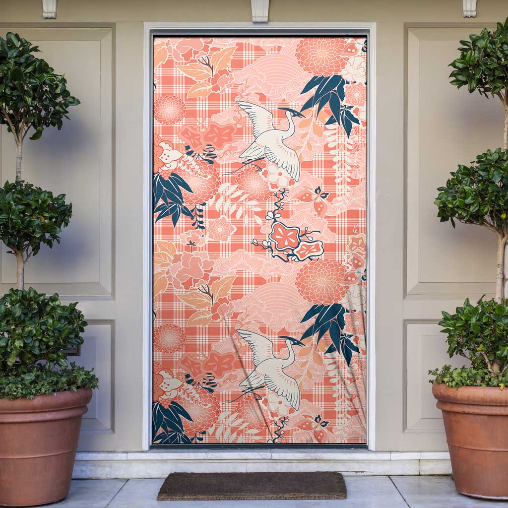 Red Palaka Crane and Flowers Door Cover Japan Heritage Spirit LT9 Red - Polynesian Pride