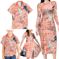 Red Palaka Crane and Flowers Family Matching Long Sleeve Bodycon Dress and Hawaiian Shirt Japan Heritage Spirit LT9 - Polynesian Pride
