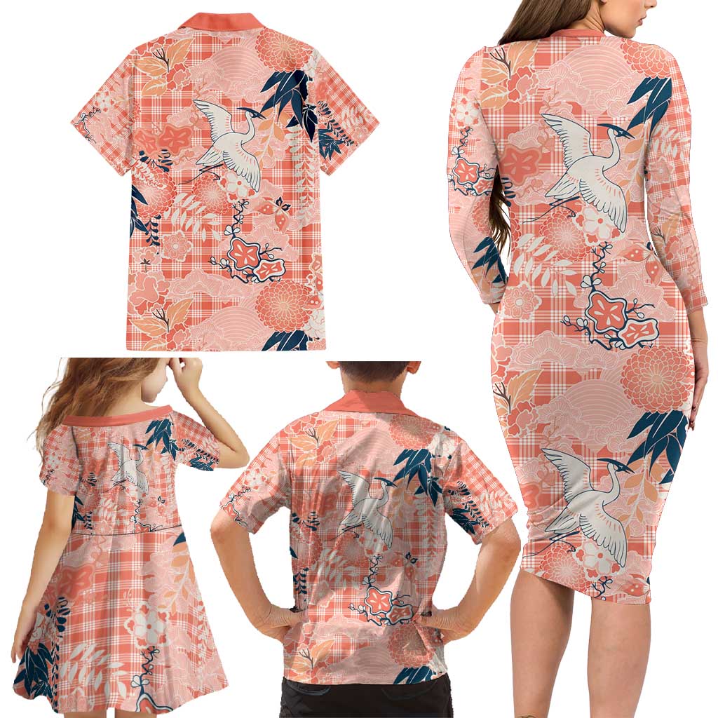 Red Palaka Crane and Flowers Family Matching Long Sleeve Bodycon Dress and Hawaiian Shirt Japan Heritage Spirit LT9 - Polynesian Pride