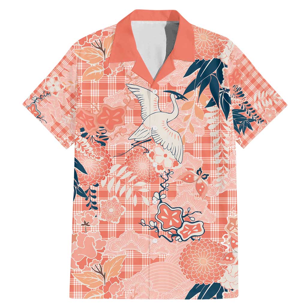 Red Palaka Crane and Flowers Family Matching Mermaid Dress and Hawaiian Shirt Japan Heritage Spirit LT9 Dad's Shirt - Short Sleeve Red - Polynesian Pride